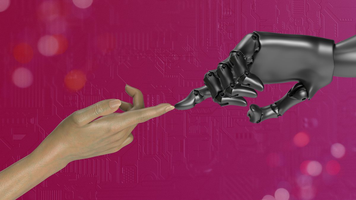 A robot hand and human hand symbolize the future of AI