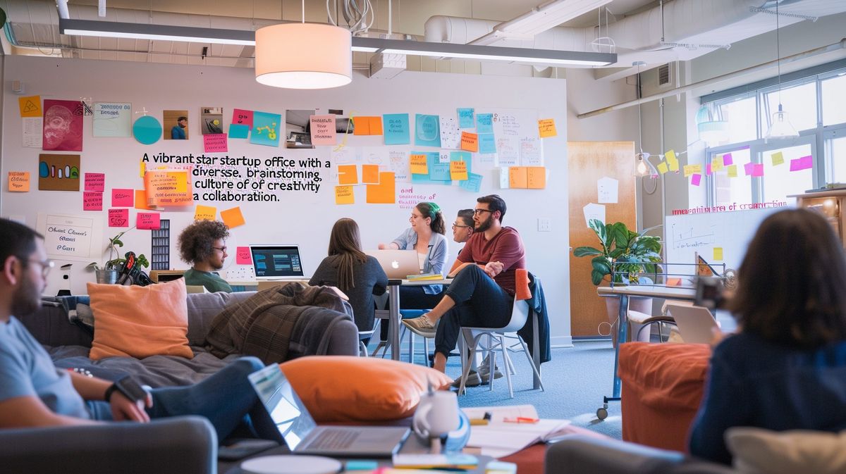 A vibrant startup office with a diverse team