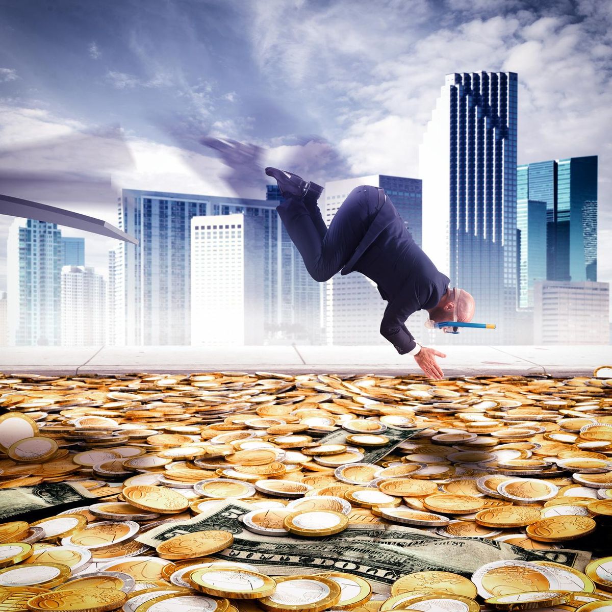 Businessman dives into a pool of money