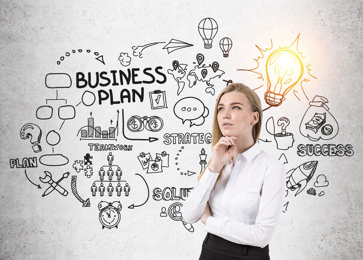 Cheerful woman and business plan scheme