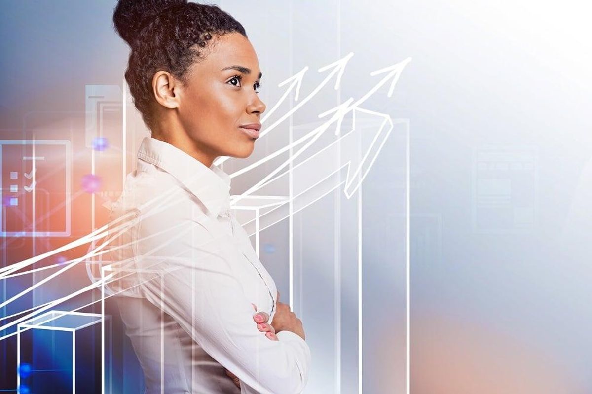 Confident businesswoman raising venture capital funds