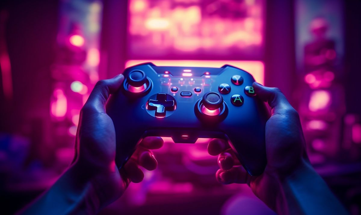 Man using video game controller to play a popular video game