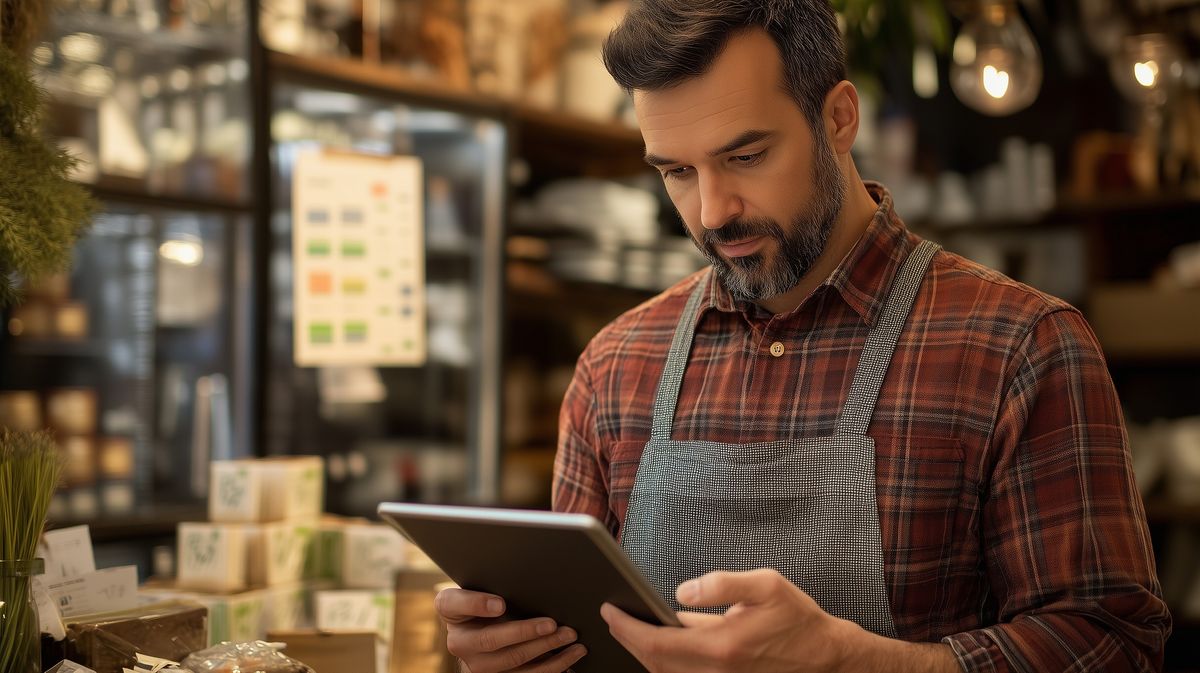 Small business owner reviewing daily finances on a tablet